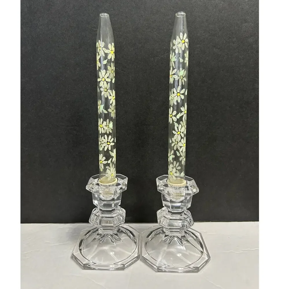 Glass‎ Oil Lamp Candles Handpainted Daisies With Glass Candlesticks
